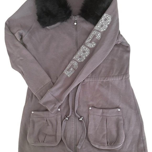 BCBGMAXAZRIA  Y2K  Gray Long Hooded Sweatshirt Full  Zip Bedazzled  Faux Fur XL - Picture 10 of 14